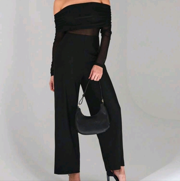 New Women Black Knit Satin Mesh Splicing Tube Top Backless Back Zip Up Long - Picture 4 of 4